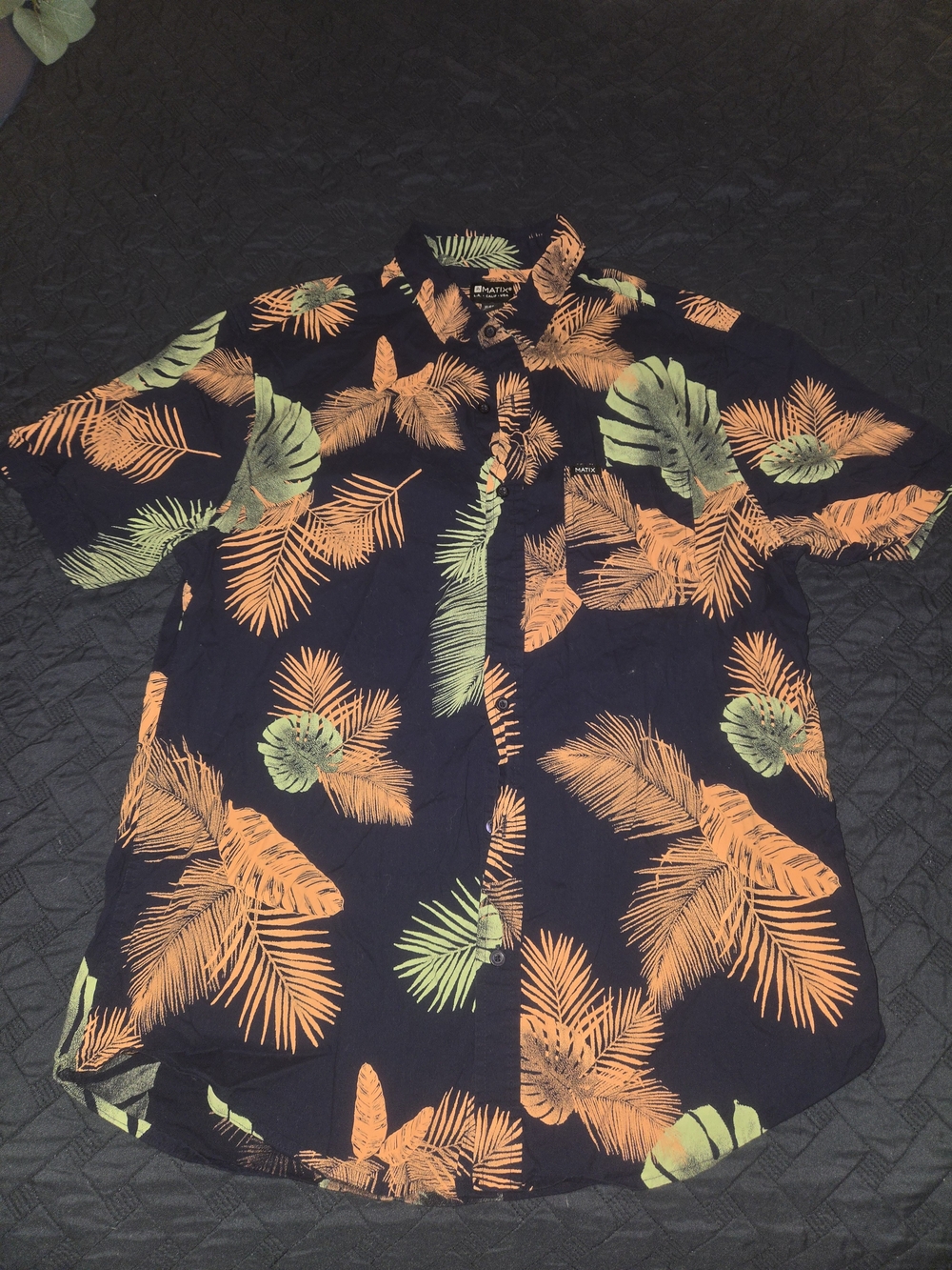 Matix Navy Short-Sleeve Button-Down with Orange & Green Leaf Print
